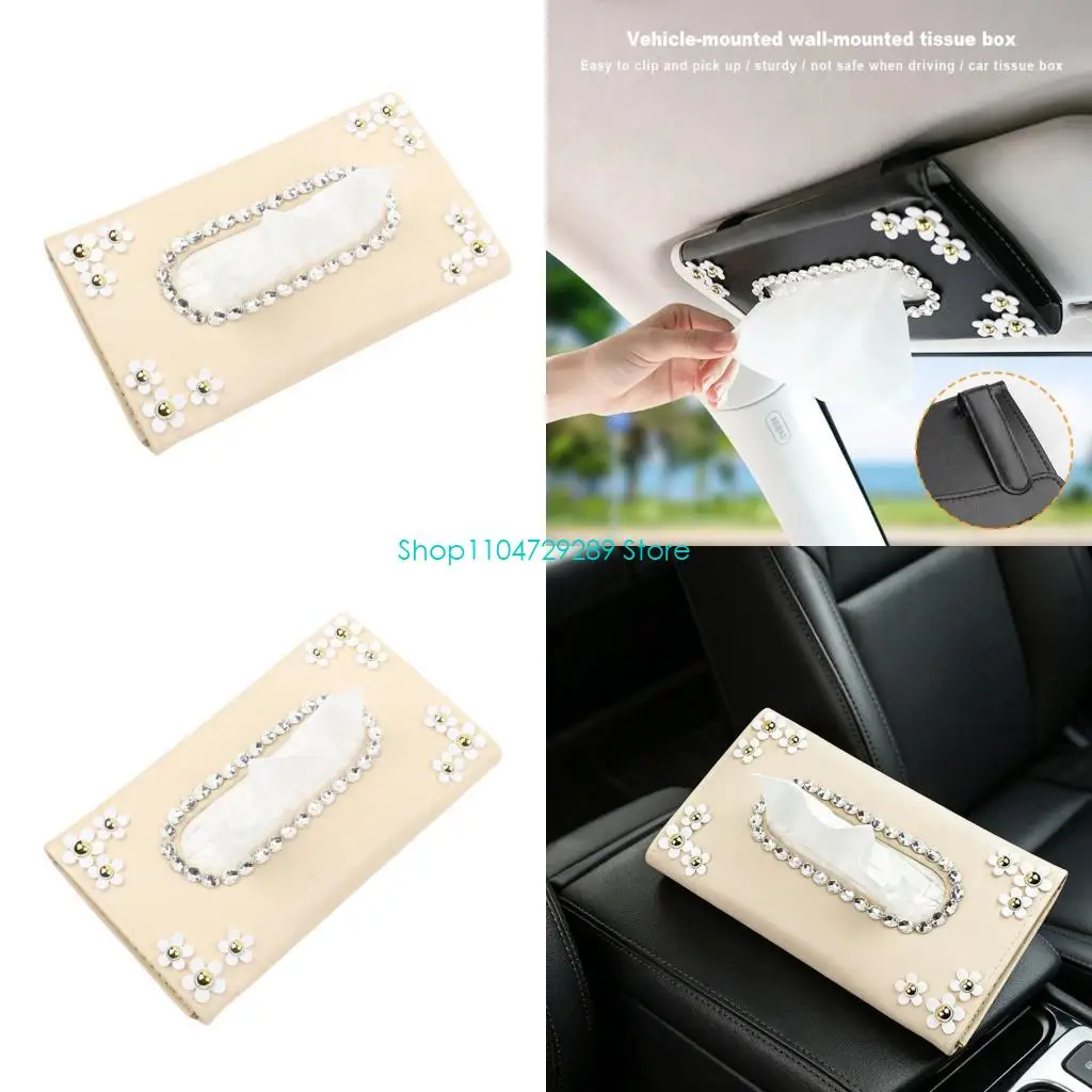 D8KE Black Leather Sun Guard Tissue Holders Decorated with Sparkling Rhinestones