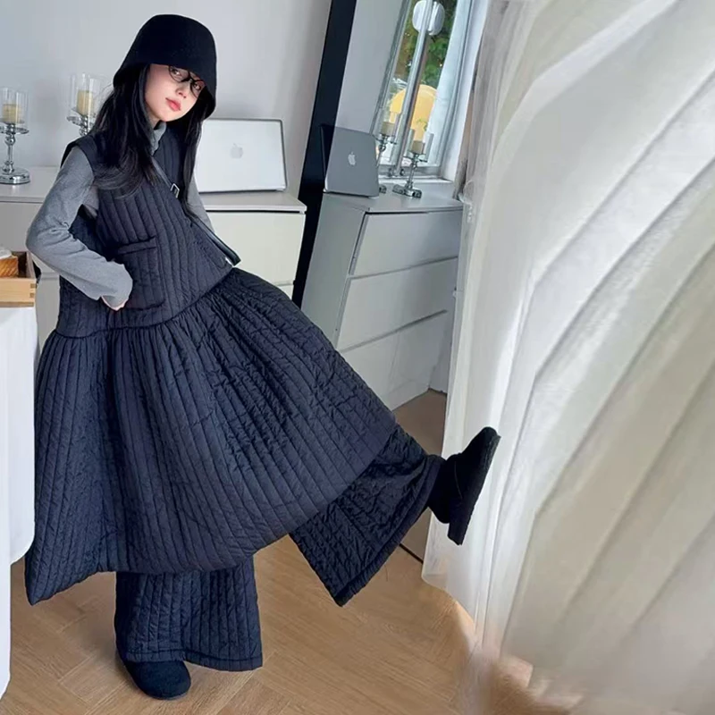 Girl's Sleeveless Dress Thickened Solid Vest Skirt+Tee+Pants 3pieces Clothing Suit Japan Style Fashion Top+Bottom Sets Age 4-14Y