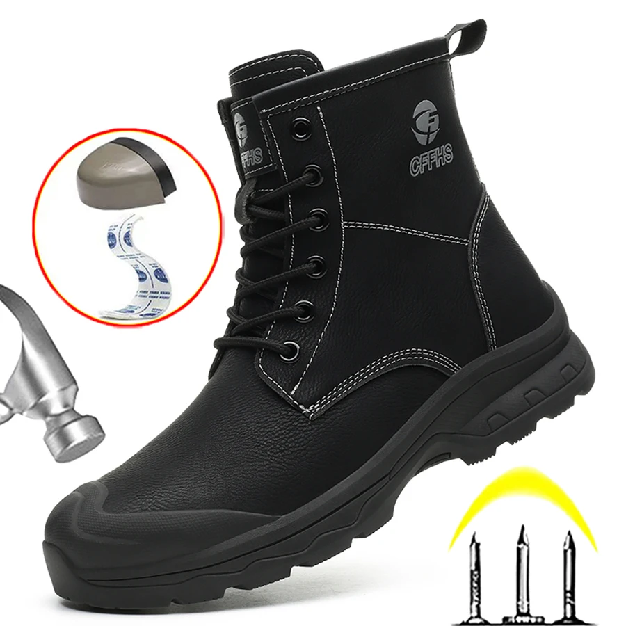 High Top Shoes Work Boots Steel Toe Indestructible Shoes Waterproof Safety Boots Puncture-Proof Anti Scalding Men Leather Boots