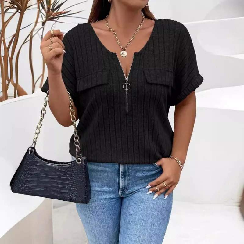 Women's Multi-Color Ribbed Half-Sleeve Blouse Zip Detail Double Pocket Loose Casual Top