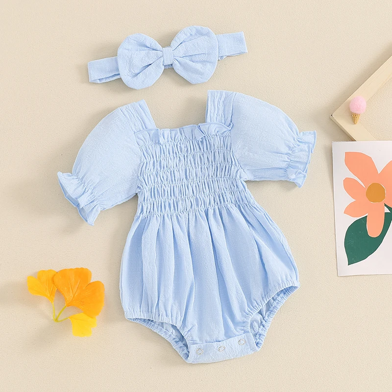 

Infant Baby Girl Plaid Romper Baby Pleated Romper Ruffle Festival Bodysuit Spring Summer Clothes with Headband
