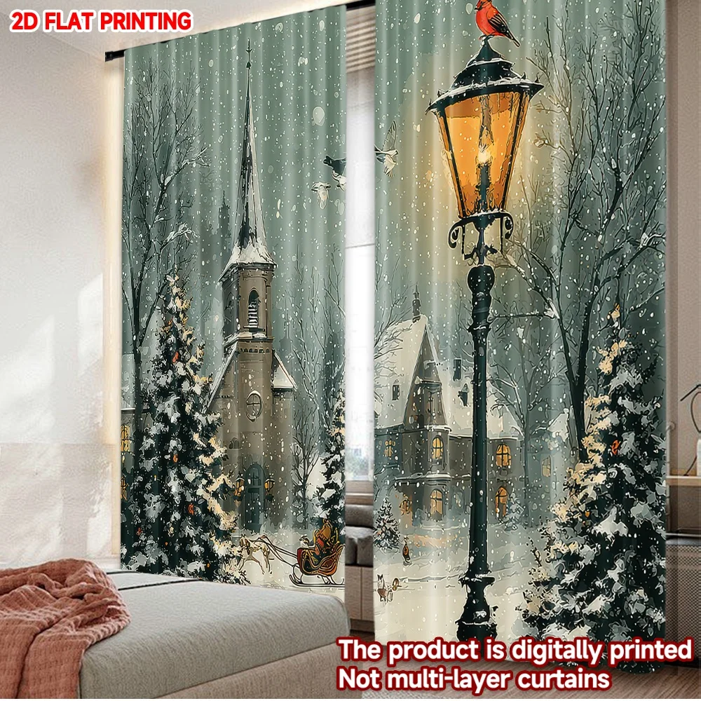 2D-Flachdruck 2 Stück Frohe Weihnachten Szene Vorhänge Weihnachtsdorf Schneeszene Digitaldruck Polyester Vorhänge Party &