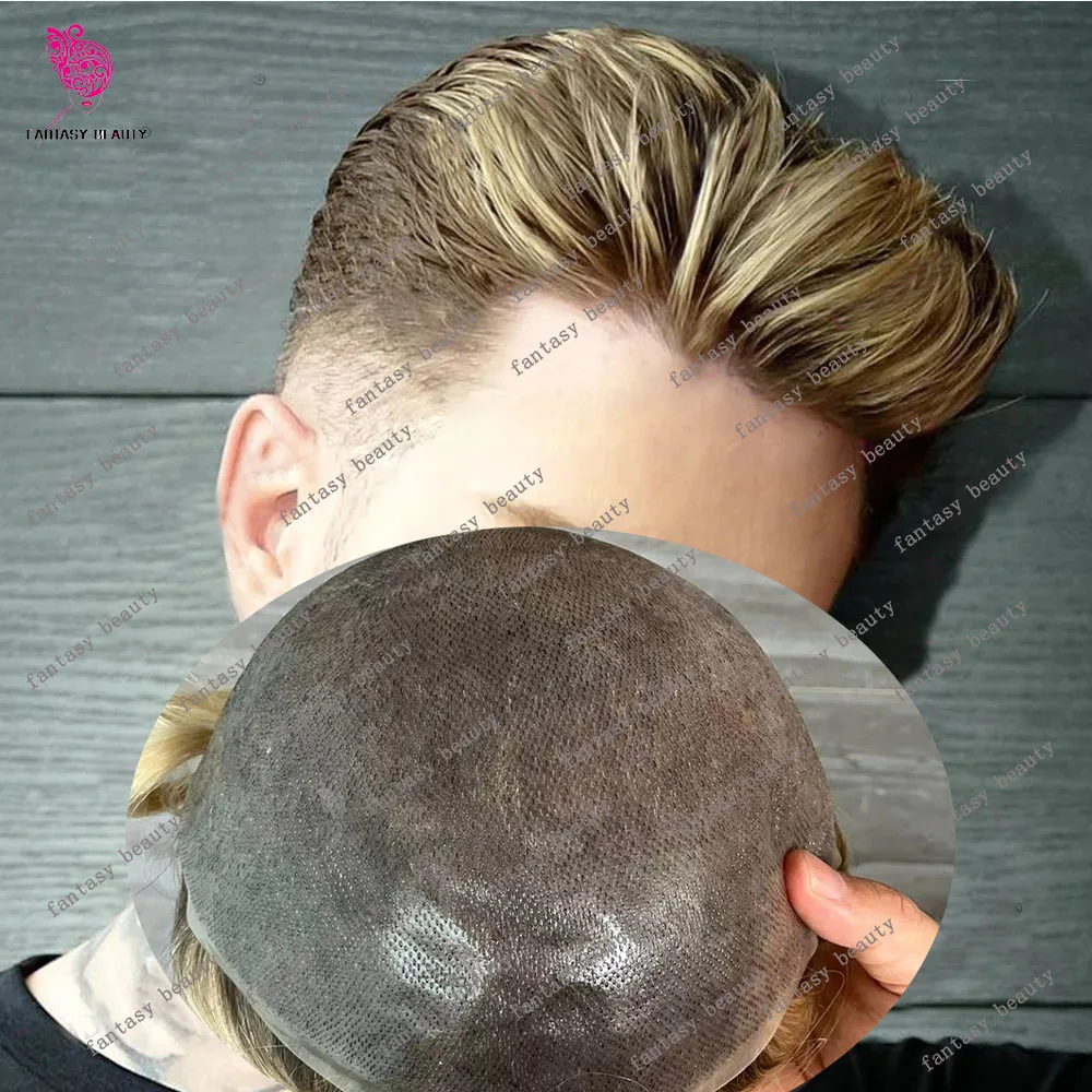 

Platinum #613 Ombre Blonde Natural Hairline Toupee Super Durable Thin 0.06mm System For Men 100% Human Hair V Loop Microskin Wig