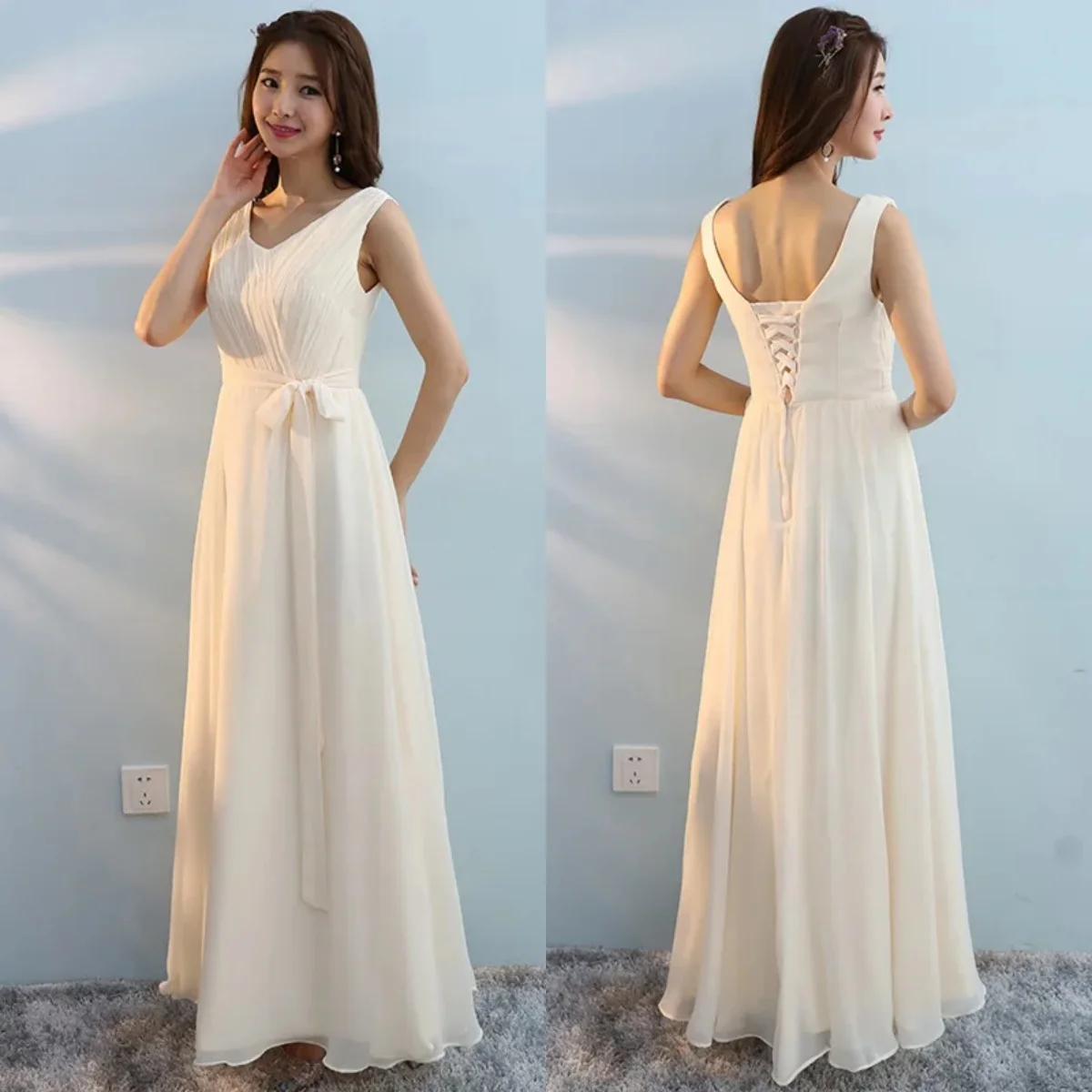 

Eening Dresses Champagne Chiffon V-neck Sleeveless A-Line Floor length Plus size Women Party Gowns Vestido De Festa Longo R046