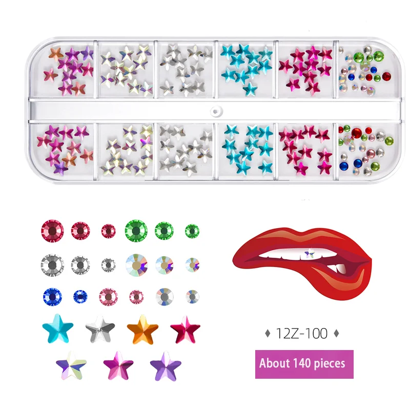 12 Grids Dental Tooth Gems Kit Tooth Gems Crystals Diamonds Horse Eyes, Butterflies, Hearts Various Shape Oral Decorations