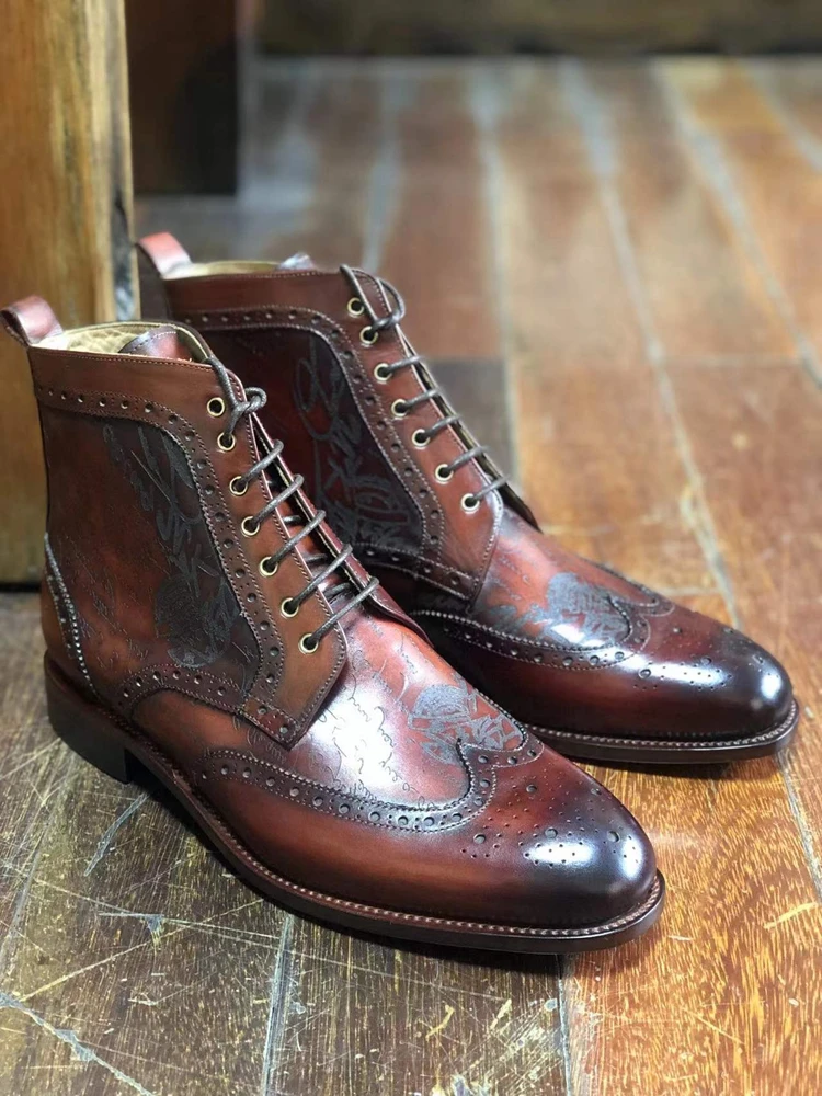 cie Laser Design Boot Hand-Painted Full Grain Calf Leather Patina Redish-Brown Handmade Leather Out-sole Ankle Boots MA10