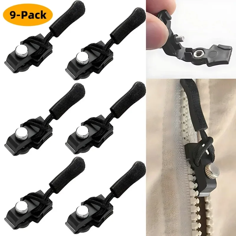 9pcs Universal Detachable Metal Zipper Slider Puller Easy Zipper Fix Instant Repair Kit DIY Replacement Lever Locks for Clothing
