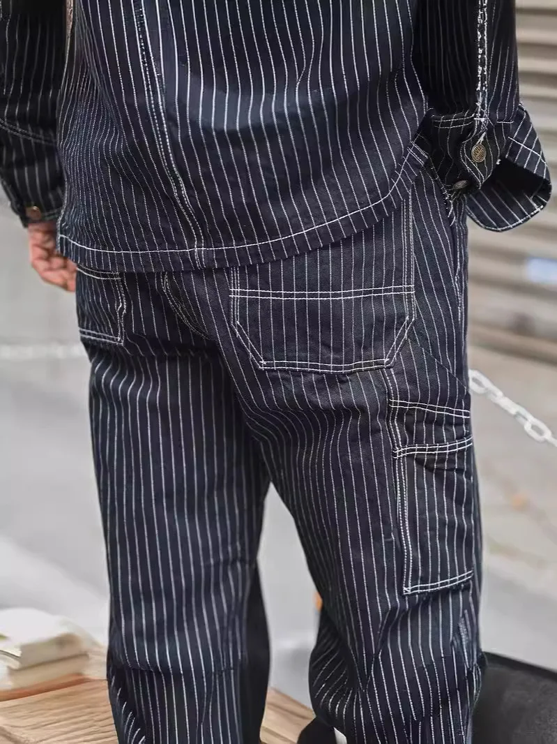 Qingtian ملابس العمل الدنيم الأمريكية الرجعية الجينز الأزرق الرجال Ami الكاكي مستقيم مخطط السكك الحديدية بنطلون الربيع والخريف #3