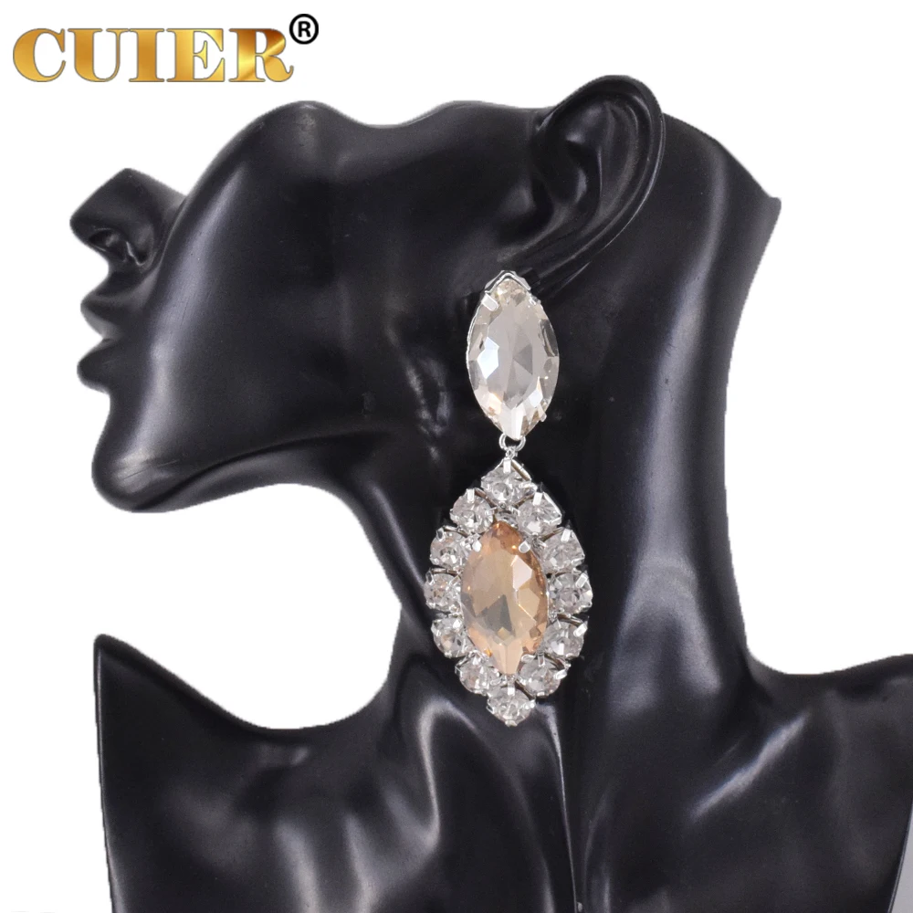 CUIER Clip on 9cm Amazing Yellow Pendant Drop Earrings for Women SS38 Rhinestones Shiny Glass Top Quality Accessories for Man