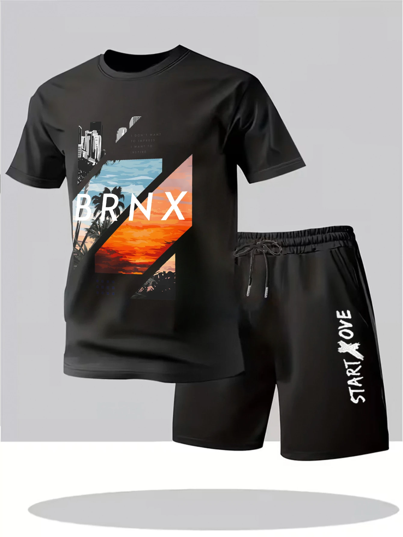 

Мужской летний костюм 2025 года, комплект из двух предметов: тонкие мужские шорты и футболка с принтом, костюм для мужчин, мужской костюм, комплект одежды из полиэстера, с графическим принтом