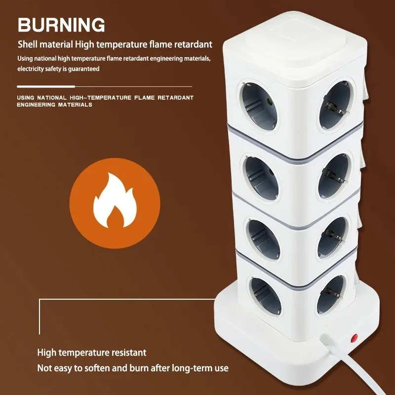 12 Way Tower Outlets Socket Multi Power Strip Vertical 1.5m Extension Cord EU Plug with 4 USB Overload Protector Switch 10A 220V