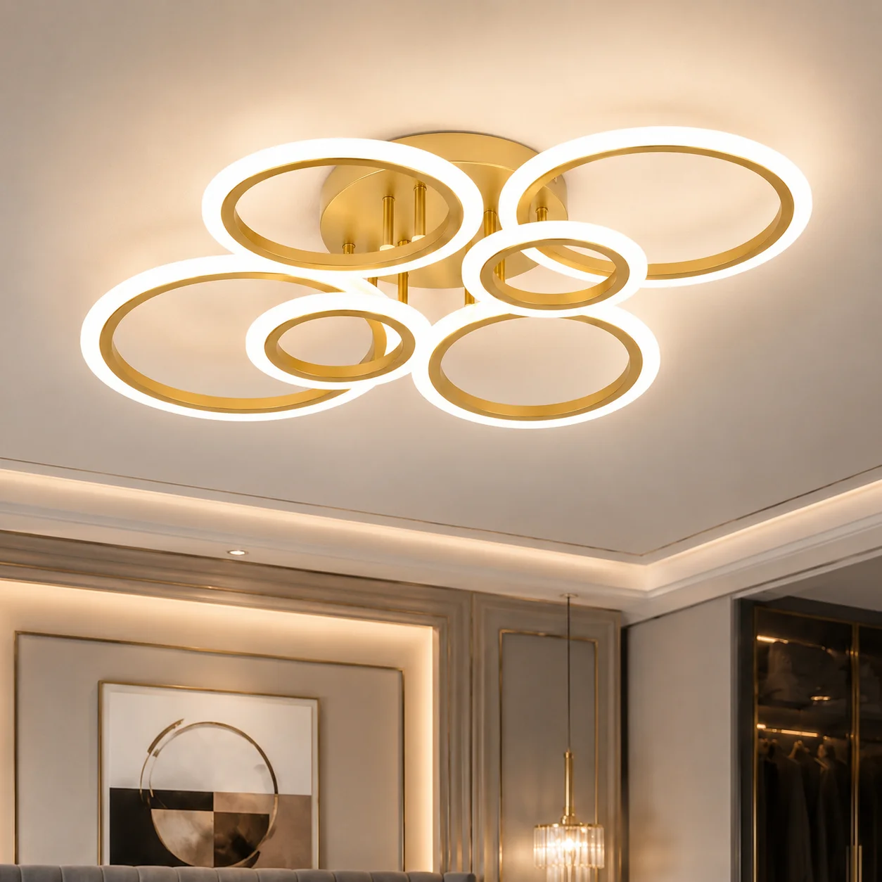Modern 6 Rings LED Ceiling Light 3 Color Changing Flush Mount Lamp Black Multi Circle Geometric Ceiling Lighting Dimmable Ceilin