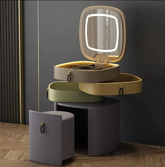 Modern Simple Small Apartment Bedside Cabinet Dressing Table Integrated Solid Wood Storage Cabinet Wireless Charging with Light