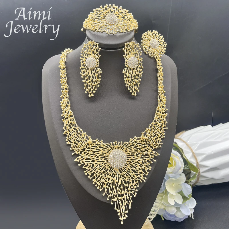 Original 18K Gold Plated Jewelry Set African Italian Necklace Earring Bracelet Ring Luxury Women Fashion Party Wedding Gifts