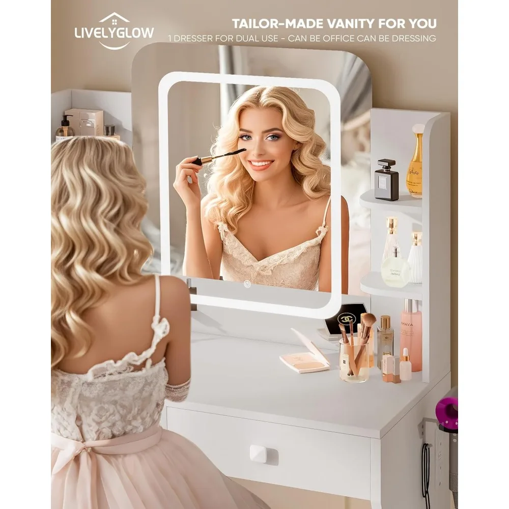 "مكتب زينة للمكياج بإضاءة LED مع مخرج طاقة، طاولة زينة مدمجة ذات درجين و5 أرفف، طاولة زينة"