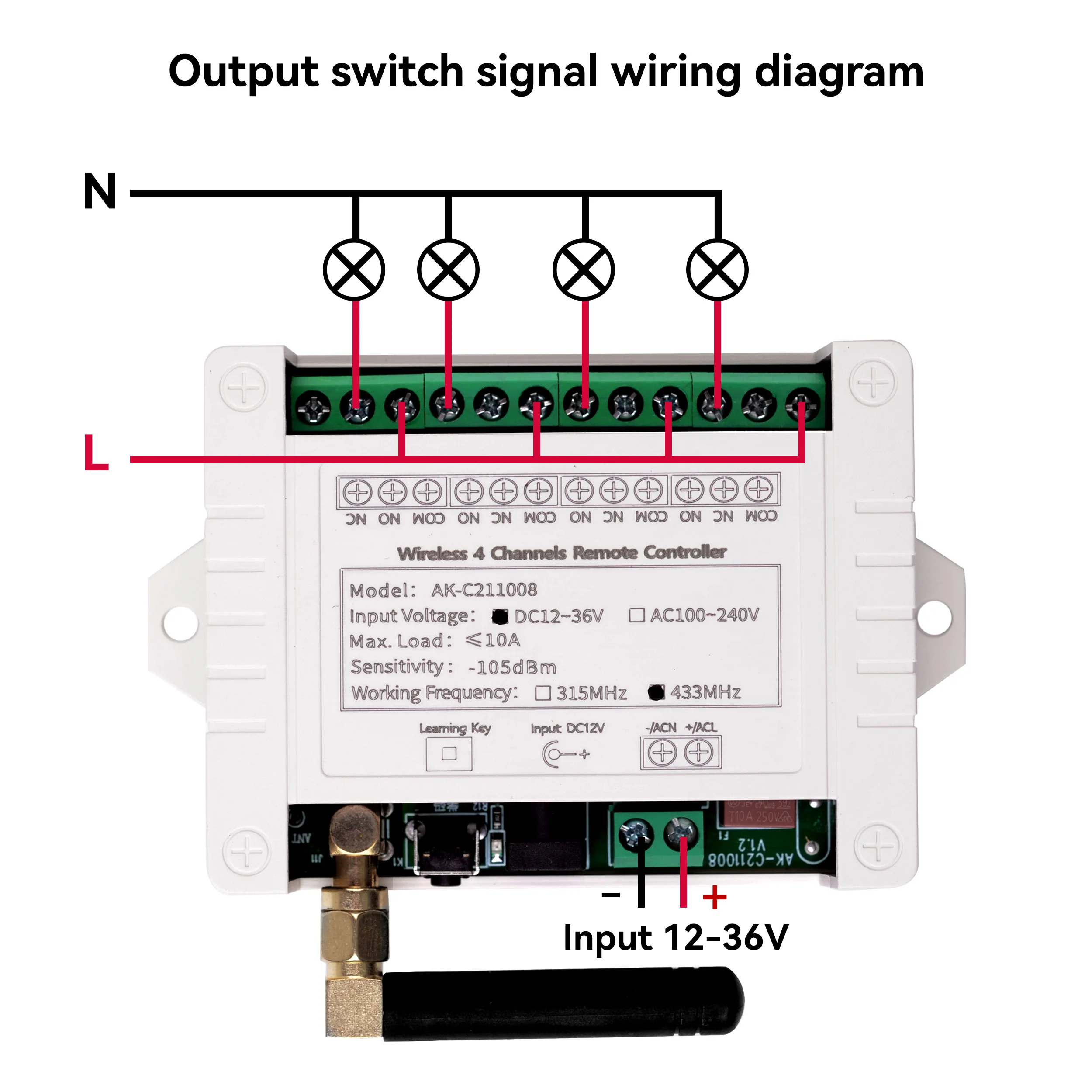 Multi-Function 4-Channel 10A DC Wireless RF Remote Control Switch (12V/24V/36V, 433MHz) with Metal Transmitter Receiver