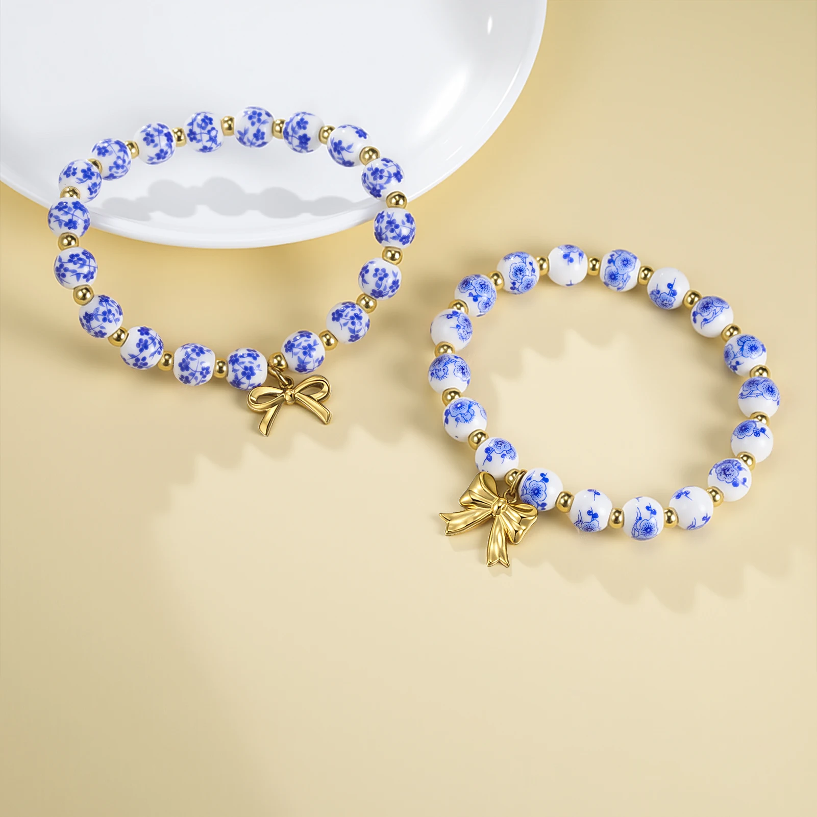 سوار خرز من البورسلين الملون، مجوهرات زهرية مصنوعة يدويًا على شكل فيونكة ذهبية للإكسسوارات اليومية للنساء