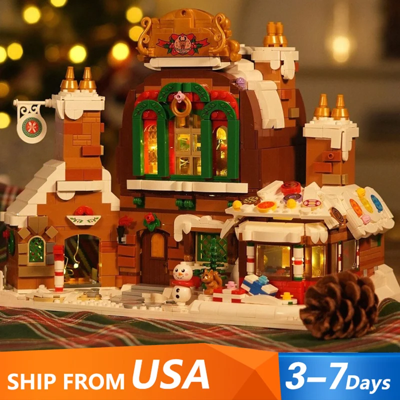 Christmas Gingerbread House Building Blocks ชุด Street View Xtmas House อิฐแสงของเล่นเด็กผู้ใหญ่ Xmas ของขวัญ