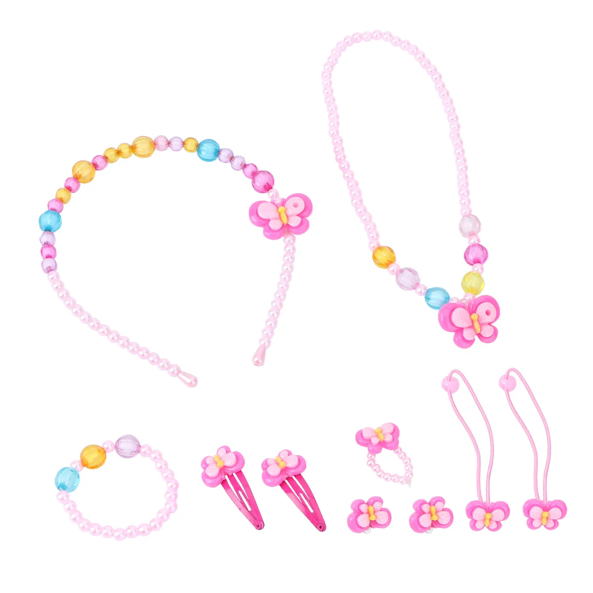 Conjunto de pulseira e colar de borboleta colorida, joias elásticas de acrílico para bebês, meninas, crianças, lembranças para festa, presente, acessório de foto