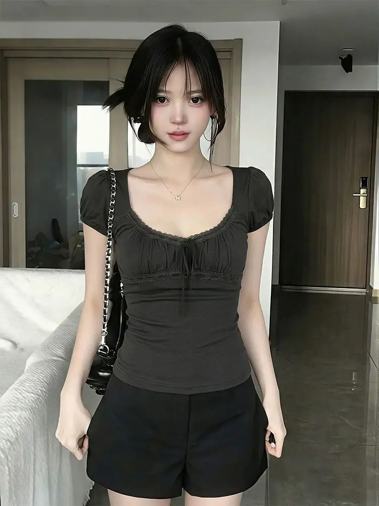 Y2K French Milkmaid Top Women Ruched Bust Puff Sleeve Square Neck T Shirt Coquette Slim Fit Short Sleeve Summer Casual Tees Goth