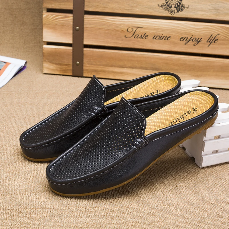 Summer Black Mules Men Backless Casual Shoes Half Slippers Big Size Slip On Flat Sneakers Hollow Out Outdoor Man Slides Sandal