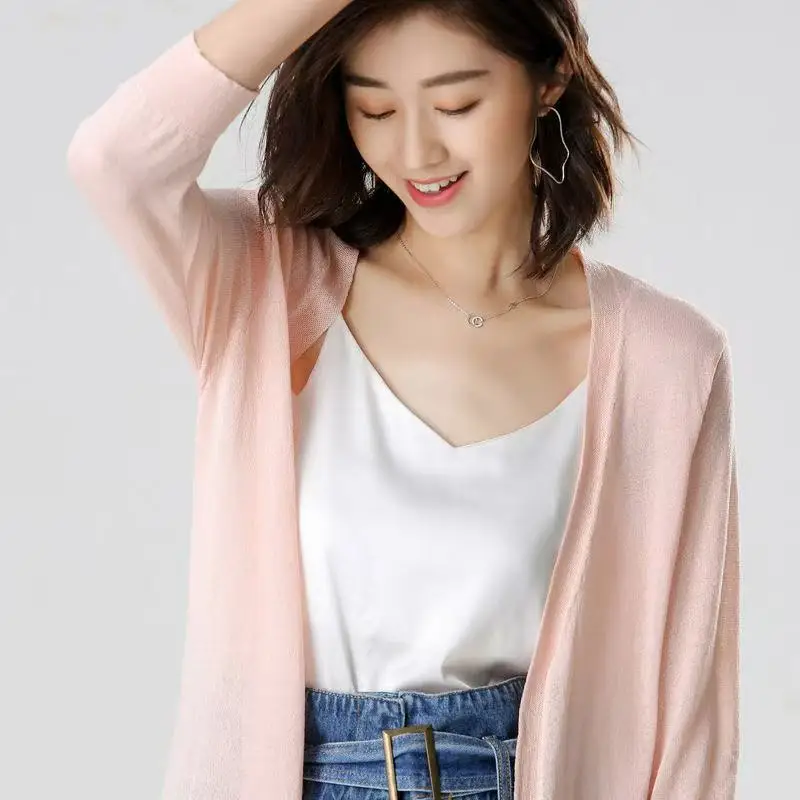 2025Women Spring Summer Sun Protection Clothing Long Cardigan Female Knitted Sweater Women  Ice shreds Coat Ladies Shawl