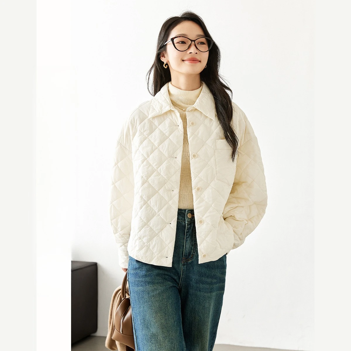 

VIMLY Winter 2025 Apricot Jacket Lady Lapel Collar Diamond Quilted Padded Jacket Long Sleeve Warm Thick Female Outerwear M9385