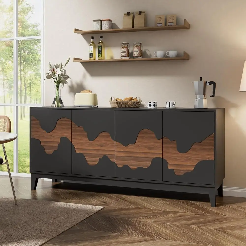 

63 Sideboard Buffet Cabinet with Brown Water Stream Design - Storage Solution for Kitchen, Living Room, Coffee Bar (Black and Br