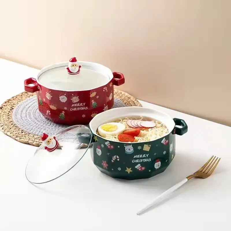 Christmas style ceramic double ear instant noodle bowl with lid, Santa Claus soup bowl, large capacity dormitory noodle bowl