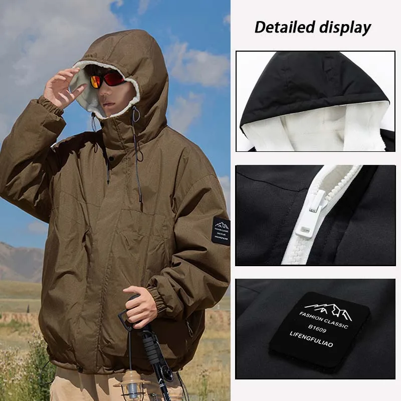 New Men Hiking Jacket Reversible Fleece Warm Coat Women Outdoor Camping Sport Windproof Hooded Jacket Casual Fashion Jacket