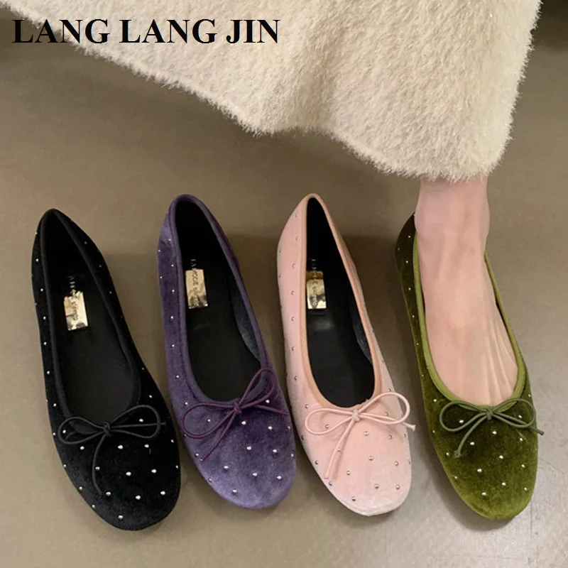 

2026 Spring New Fashion Round Toe Bow Knot Flat Ballet Shoes Female Dress Shoes Bling Rhinestone Ballerina Slip On Casual Loafer