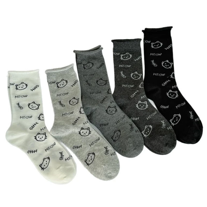 Five Pair Random Color Autumn/Winter New Cute Women's Cat Thigh-High Socks with Cartoon Cat Alphabet Design
