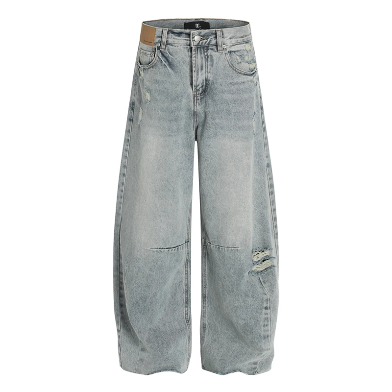 Unisex Washed Vintage Jeans Ripped Holes Retro Deconstructed Straight Blue 2026 Spring Autumn Jeans for Men and Women