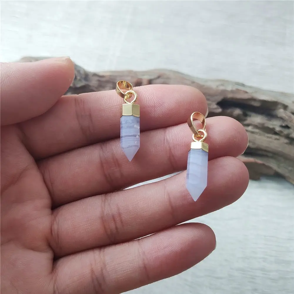 FUWO Wholesale Natural Blue Lace Agates Point Pendant,Golden Plated Spike Shape Crystal Accessories For Jewelry Making PD121 5Pc