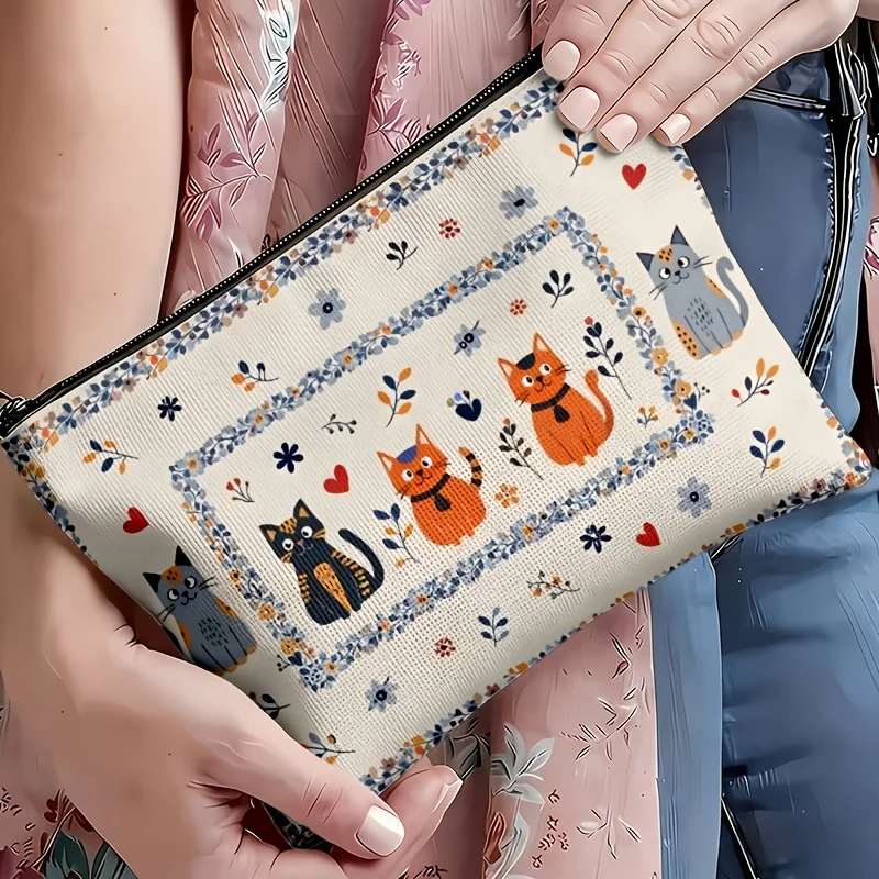 Floral Cat Zipper Makeup Bag Vintage Hand Drawn Kitten Heart Wildflower Border Print Cosmetic Pouch Portable Ladie Storage Purse