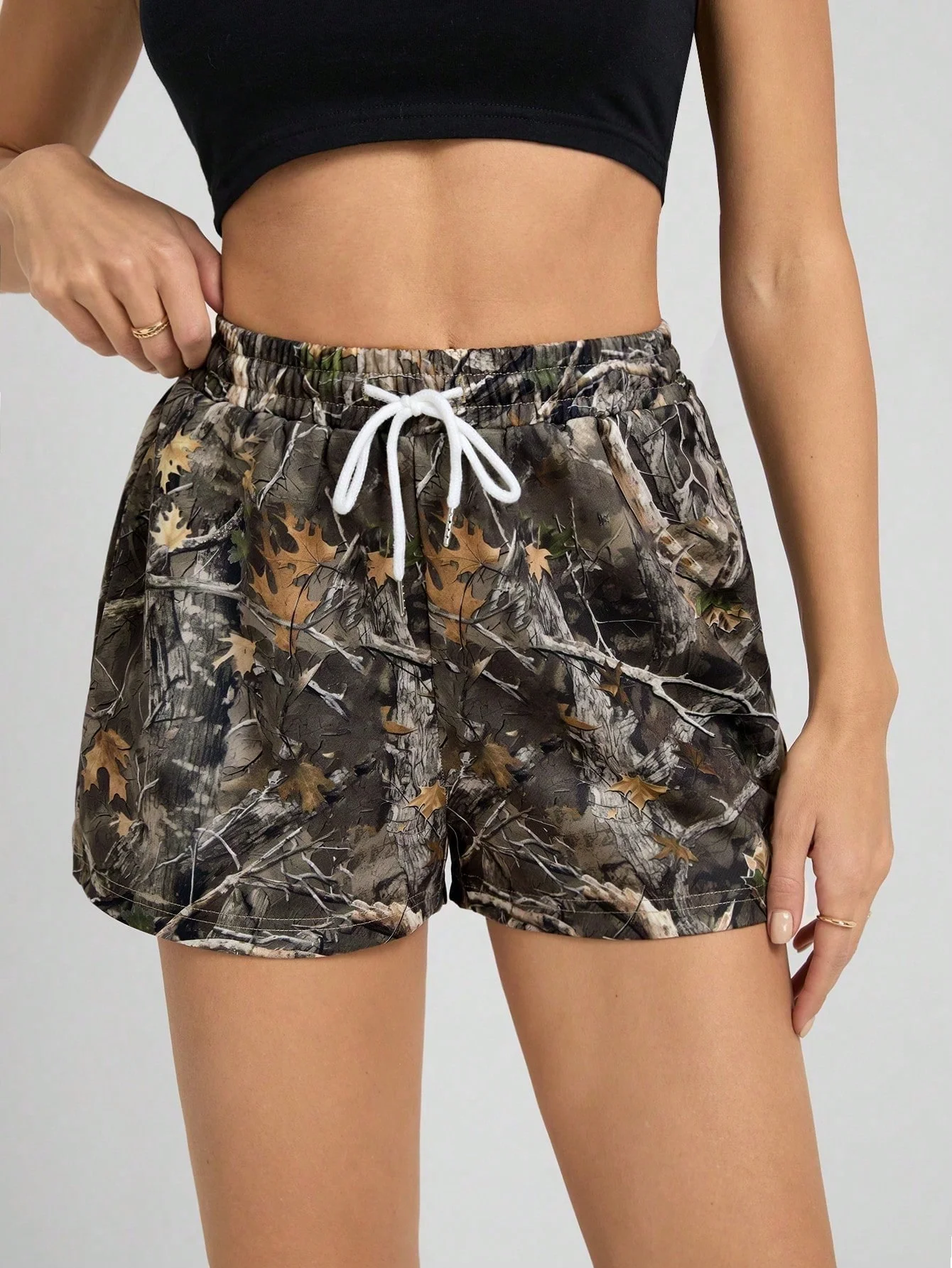 Plus Size 1XL-5XL Women's Fashionable Versatile Printed Elastic Waistband Drawstring Short Casual Pants