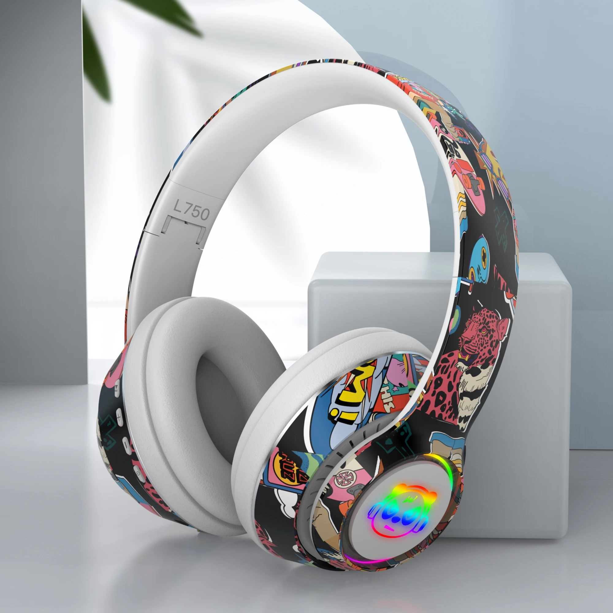 Graffiti Headphones Bluetooth 5.1 DJ Headset Wireless Gamer  with Mic RGB LED Light For Kids PC Gamer Earphone Support TF Card