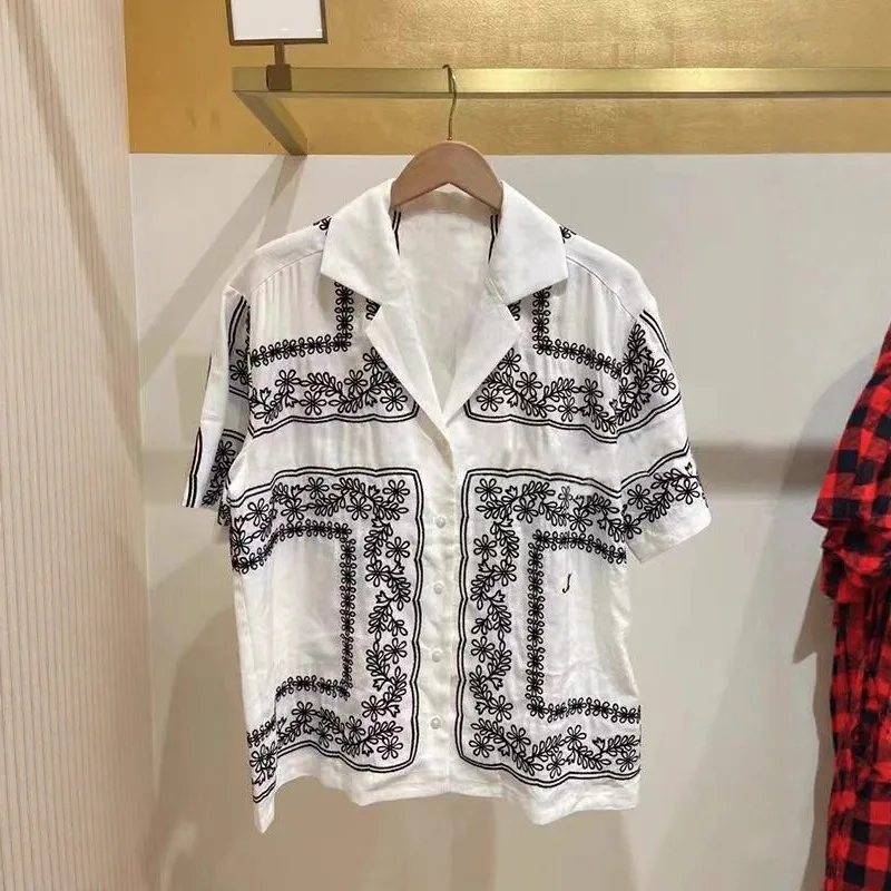 

Ретро-блузка с вышивкой и цветочным узором, симметричная, из льна, с коротким рукавом, с воротником-стойкой, женская, модная, лето 2025, Китай