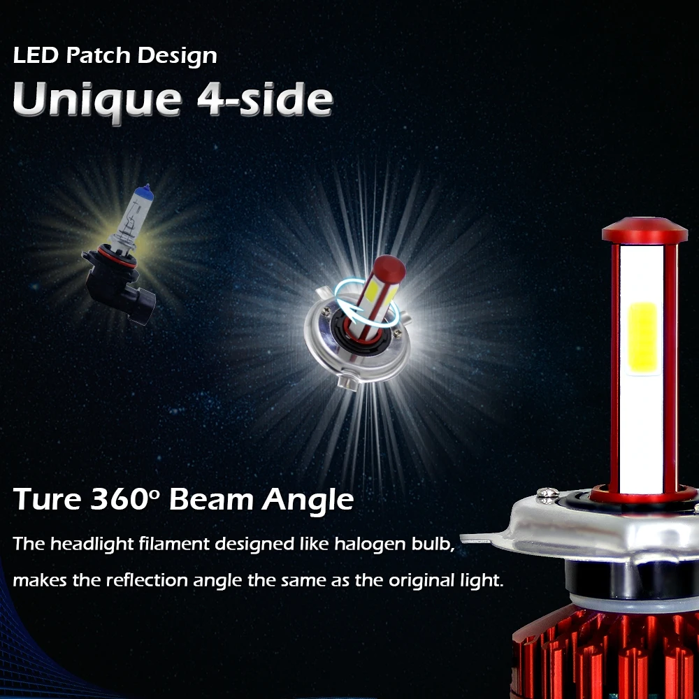 2Pcs 4 Sides LED Headlight Bulbs 15000LM H4 9003 HB2 HB4 9006 150W Super Bright  6000K Cool White Light Car Motorcycle