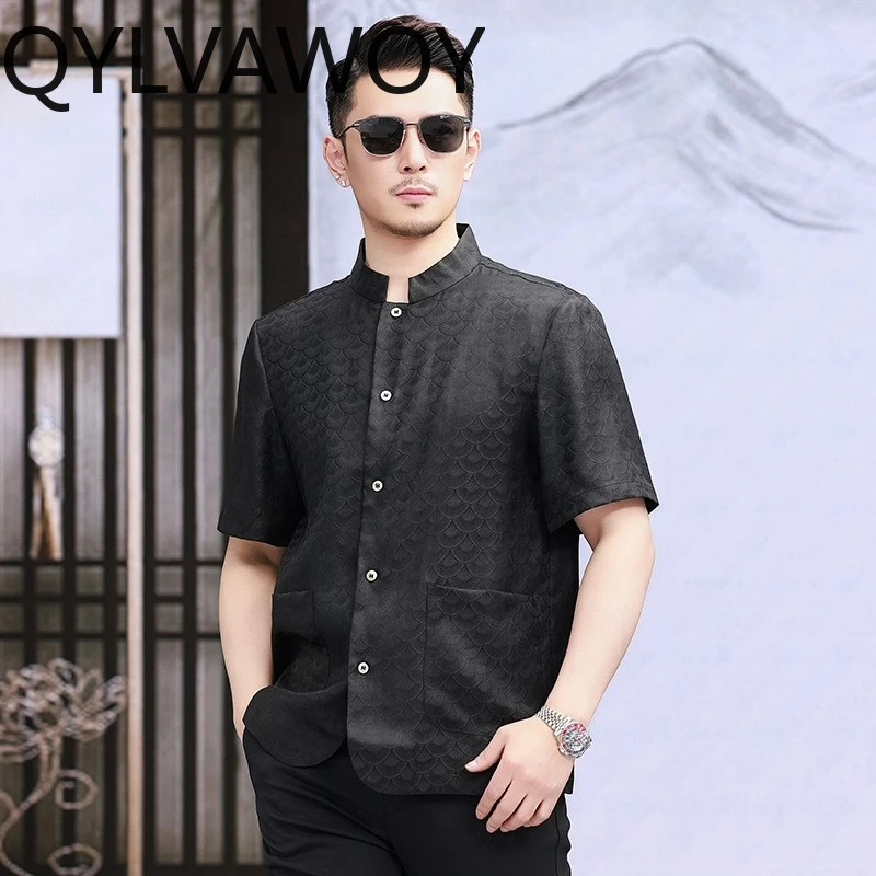 QYLVAWOY High Quality Shirts Summer Tops 100% Mulberry Silk Men's Shirts Stand Collar Shirt Short Sleeve Shirts for Man Fashion
