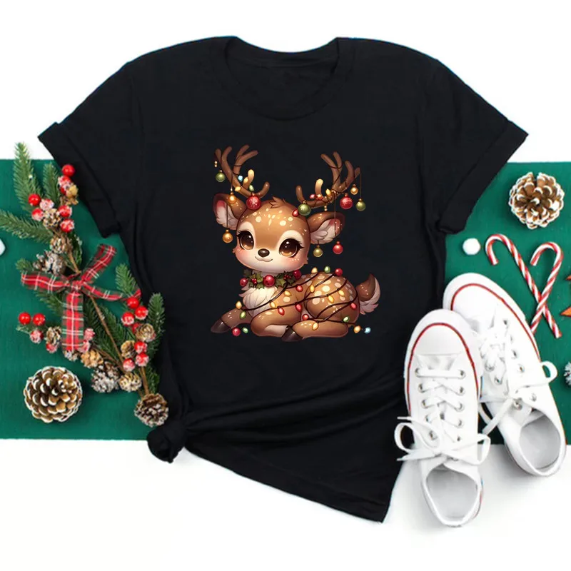 Women Christmas Light Reindeer Black T Shirt Christmas Xmas Gifts Cartoon Top Tshirt Harajuku Fashion New Year Clothes