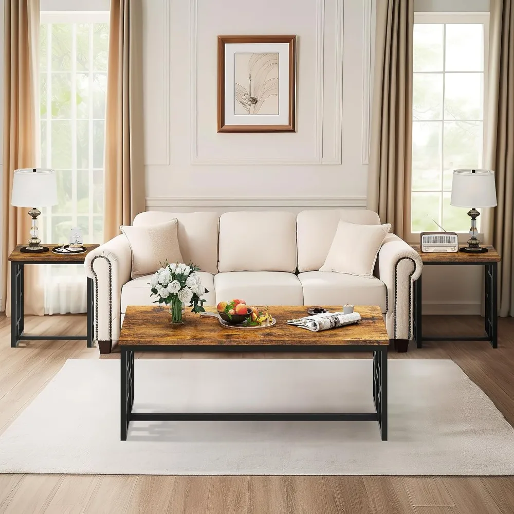 طقم طاولة قهوة وطاولة نهائية عتيقة باللون البني الداكن، أثاث غرفة المعيشة مكون من 3 قطع #4