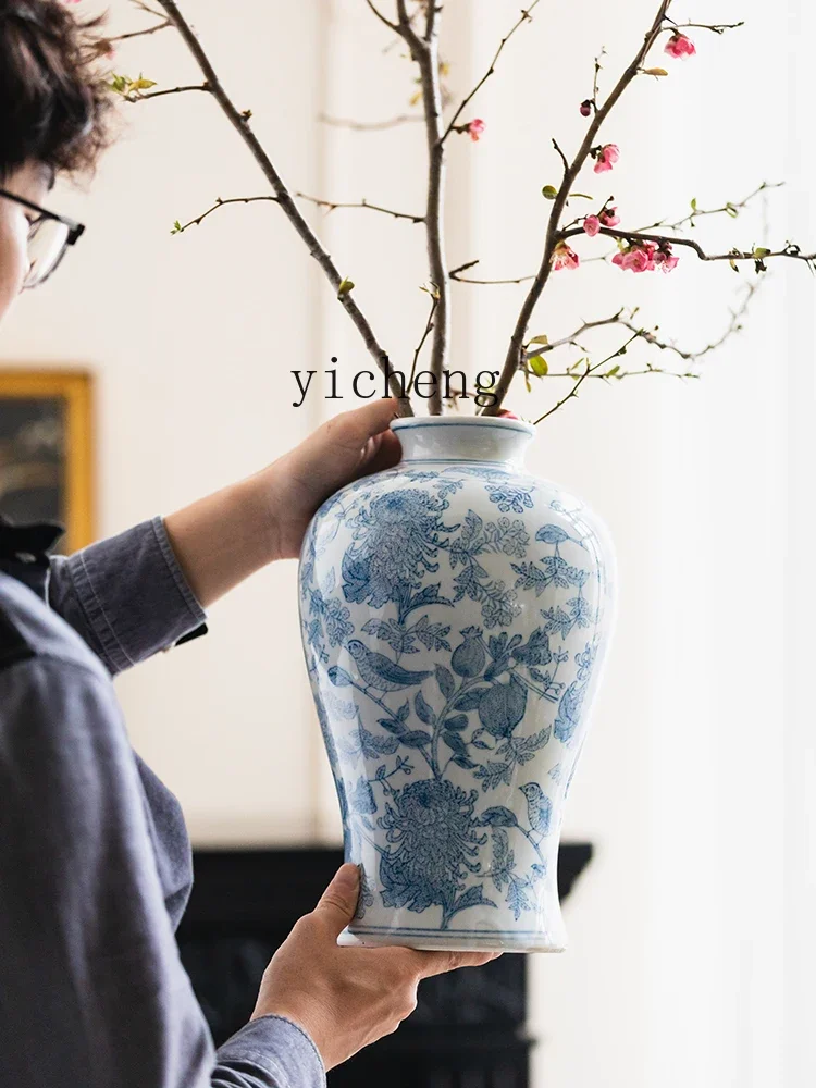 BJ-21  Blue and White Porcelain Vase Ornament Hand-Painted Underglaze Ceramic New Chinese Style Entrance Decoration