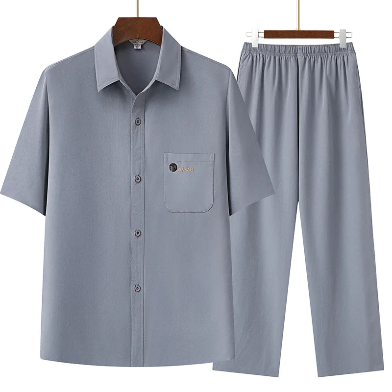 

Summer New Men's Ice Silk Shirt Set Dad Style Short Sleeved Two-piece Set Breathable Sweat Absorbing Lightweight and Comfortable