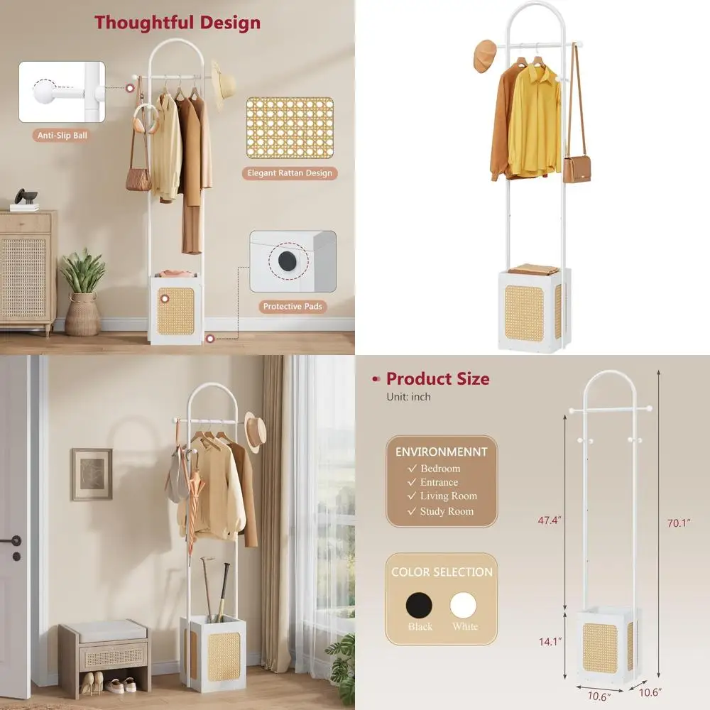 

Деревянная вешалка для одежды с корзиной для хранения и 6 крючками, идеально подходит для гостиной, спальни или офиса, белая
