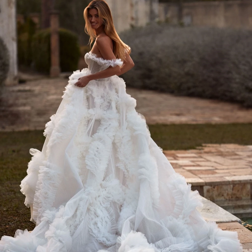 Vestido De novia romántico con escote corazón, bata De novia plisada con volantes personalizados, vestido De novia línea A con hombros descubiertos, bata De boda