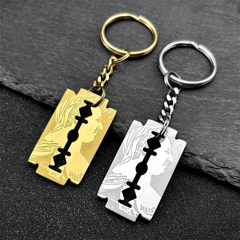 Hip Hop Jesus Blade Razor Shape Pendant Key Chain for Women Men Stainless Steel Gold Color Keyring Amulet Jewelry Gift