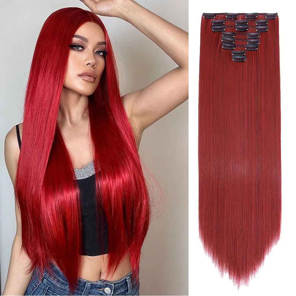 8 Pcs Red Color Straight Clip-In Human Hair Extensions 8-24 Inch 100% Unprocessed Brazilian Remy Virgin For Women