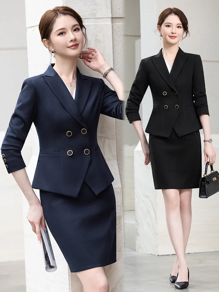 

Профессиональный женский костюм для весны и осени, стильная и элегантная деловая одежда для гостиничного ресепшена, салона красоты и ювелирного магазина.