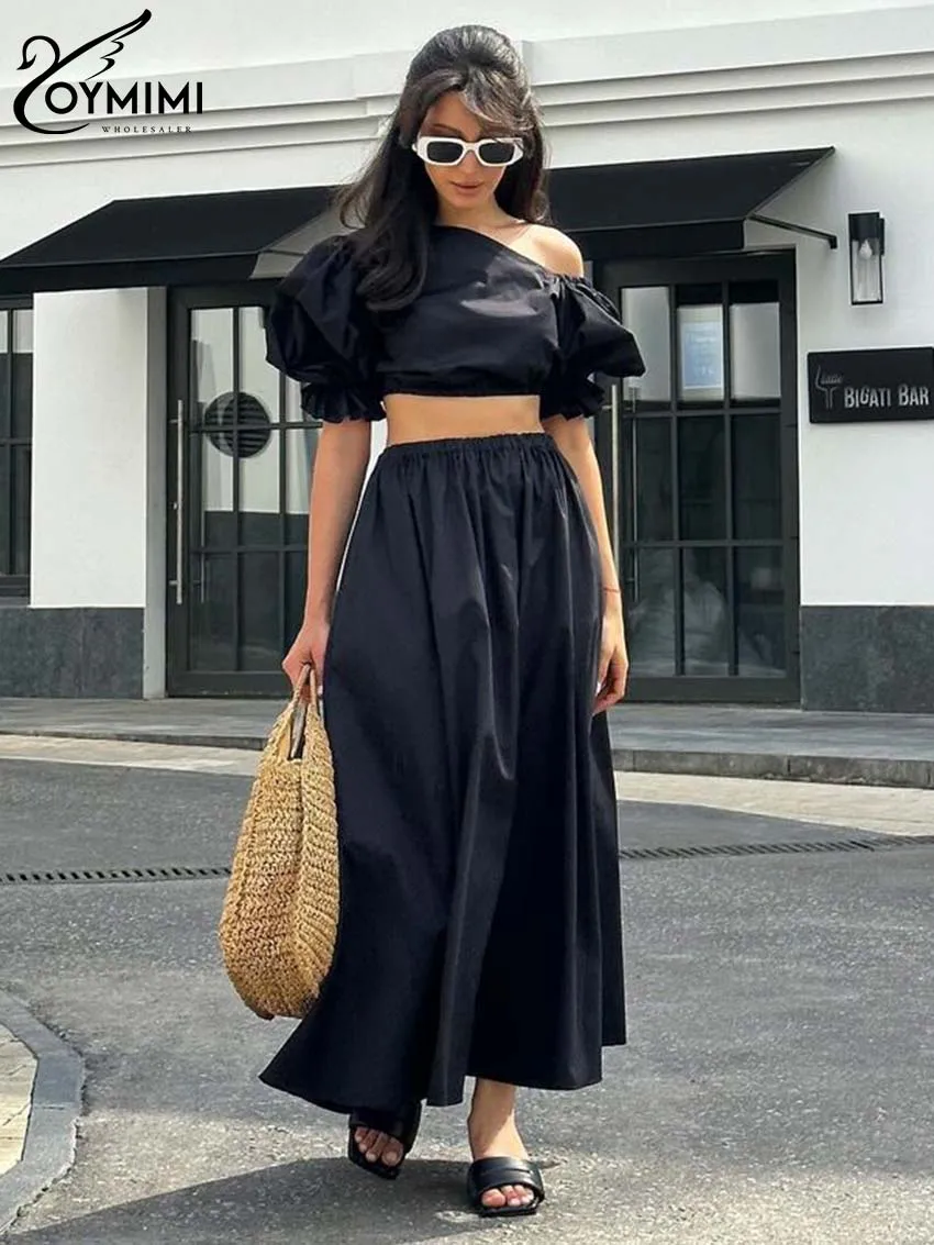 

Oymimi Causal Black Cotton 2 Piece Sets Women Outfit Elegant O-Neck Short Sleeve Crop Tops And High Waisted Loose Skirts Sets